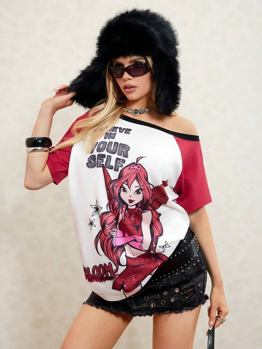 The Winx x SHEIN Áo thun nữ dáng rộng, thời trang thường ngày, họa tiết hoạt hình nàng tiên đường phố, in khẩu hiệu, phối màu tương phản, cổ lệch, thích hợp cho mùa hè. - trắng - Xem 1