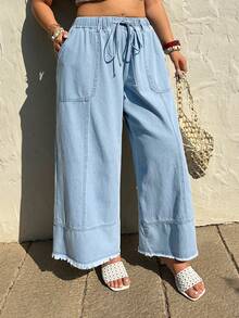 Sunnyshic Summer High Waist Drawstring Washed Loose Denim Jeans - Blue - View 1