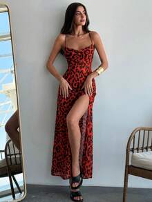 Aloruh Sexy Leopard Print Backless Cross Strap Draped Neck Cinched Waist Long Dress, Spring/Summer - Red - View 1