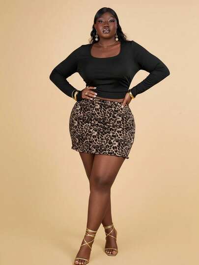 CurvyTilda 大码女式豹纹蝴蝶结装饰迷你裙，针织，修身，优雅休闲日常穿着，高腰，适合圣诞节、情人节、Y2K
