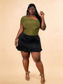 CurvyTilda 大码女式露肩短袖T恤 - 軍綠色 - 查看 3