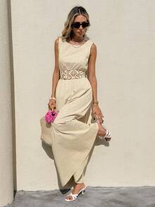 SHEIN Frenchy Đầm không tay cổ tròn, eo khoét rỗng, màu trơn dành cho nữ, thích hợp cho kỳ nghỉ. - Màu be - Xem 6