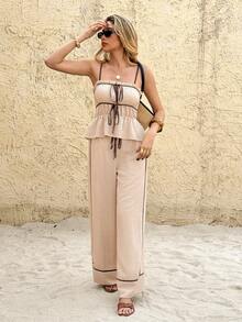 SHEIN Frenchy 女士夏季度假纹理系带吊带背心和裤子两件套 - 杏色 - 查看 6
