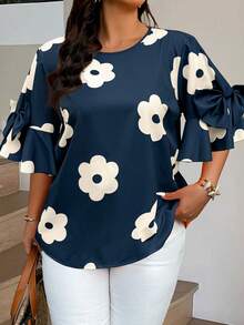 SHEIN LUNE 大码撞色印花圆领短袖衬衫 - 藏蓝色 - 查看 3