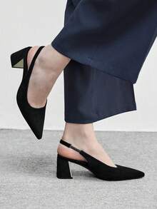 CUCCOO BIZCHIC 女士尖头粗跟黑色绒面革后系带露跟高跟鞋，时尚舒适，通勤商务百搭，春季必备鞋款 - 黑色絨料 - 查看 3