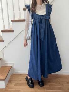 FRIFUL Women's Knotted Frill Trim Denim Dress - Blue - View 6