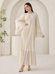 Veilorie Women's Elegant Minimalist Solid Color Textured Flare Sleeve Arabic Style Dress, Autumn - Apricot - View 5