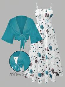 Franclia 大码女式时尚夏季碎花雪纺连衣裙和夹克优雅两件套 - 水鴨藍 - 查看 1