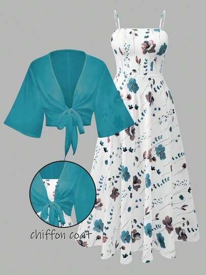 Franclia Plus Size Women's Fashion Summer Ditsy Floral Chiffon Dress & Jacket Elegant 2 Pieces Set Halloween Clothes Dress And Chiffon Coat Set Tie Front Dress Dress With Tie Front Cardigan Homecoming Dress Floral Dress With Cardigan Blue Dress Blue Floral Dress