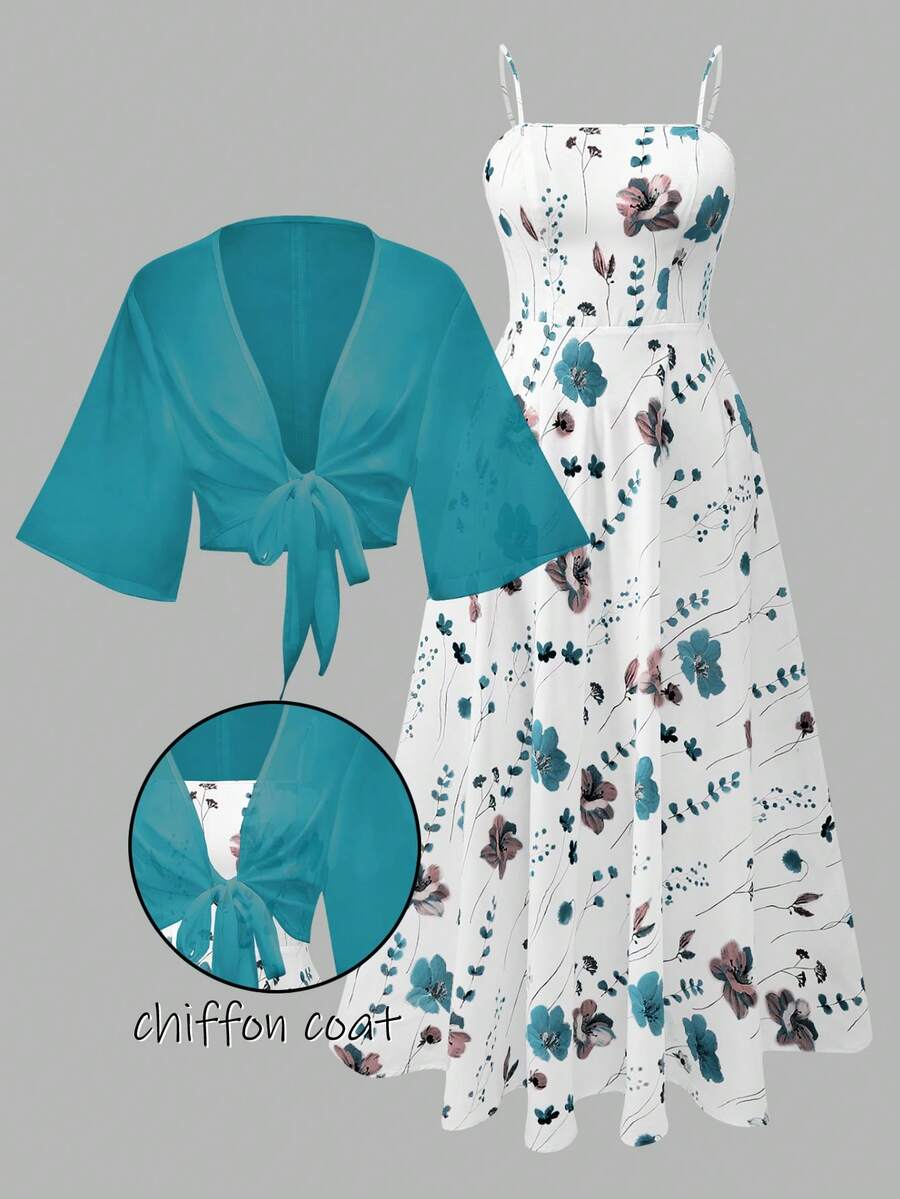 Franclia 大码女式时尚夏季碎花雪纺连衣裙和夹克优雅两件套 - 水鴨藍 - 查看 1