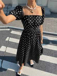 EMERY ROSE Women's Spring And Summer Knitted Dot Linen-Mix One-Shoulder Ruffled Bow Bubble Sleeve A-Line Tea Dress, Black And White Polka Dot Elegant Style - Black - View 7