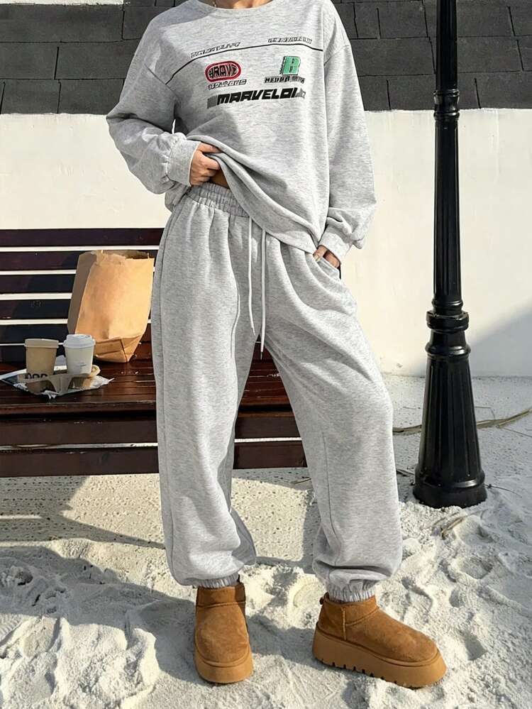 Dazy Plus 2pcs Plus Size Women Graphic Print Loose Fit Top And Pants Pajama Set, Comfortable Home Wear For Spring And Autumn, Winter Clothes