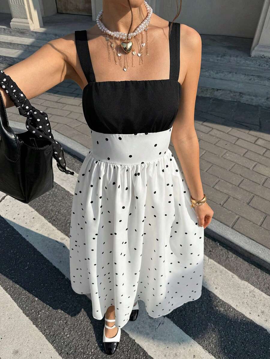SuriyaCove Women's Summer New French Retro Polka Dot A-Line Waist Flare Dress - Black and White - View 1
