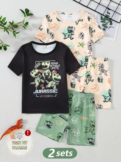 4pcs Young BoySnug Fit Short Sleeve Shorts Pajama Set