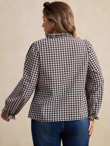 Elegantrix 女士格子荷叶边法式衬衫，休闲日常穿着，春夏款 - 棕色 - 查看 2