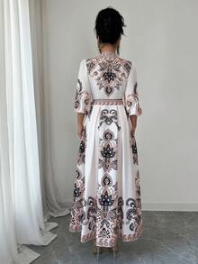 Elenzga Paisley Print Tie-Up Wrap Long Elegant Dress - Apricot - View 2