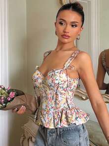 Glamine Charm Áo tank top nữ gợi cảm và ngọt ngào, in họa tiết, gọng nâng ngực, kiểu xương cá, bèo nhún, chi tiết buộc dây. - Nhiều màu - Xem 4