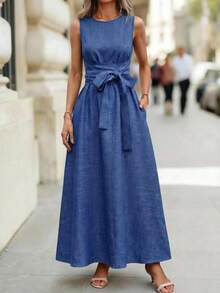 Editum Women's Sleeveless Round Neck Waist Cinched Textured Denim Blue Belted A-Line Elegant Everyday Casual Dress, Spring/Summer Spring Dress Women Features A Belted Waist, Pockets, Solid Blue Textured Fabric, And Is A Long Spring/Summer Dress. - Blue - View 3