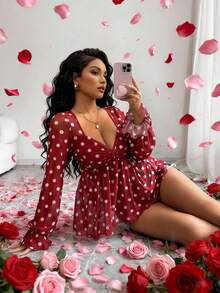 Rafferiza Elegant Sexy U-Neck Twist Front Long Sleeve Mesh Floral Print Blouse, Spring/Summer, Red & White - Red and White - View 1