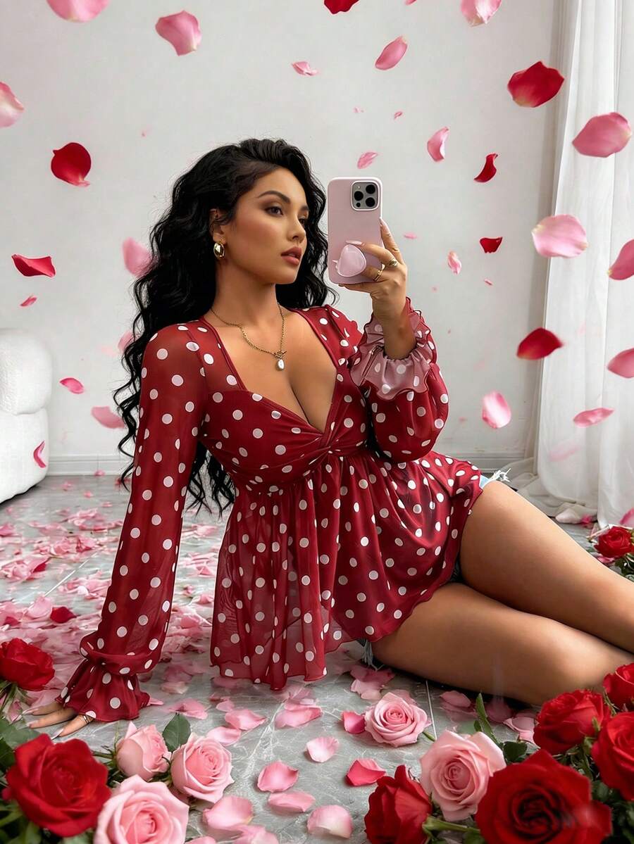 Rafferiza Elegant Sexy U-Neck Twist Front Long Sleeve Mesh Floral Print Blouse, Spring/Summer, Red & White - Red and White - View 1