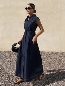 Livesso 女士无袖翻领收腰纯色牛仔连衣裙 - 藍色 - 查看 4