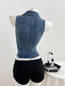 Elamini Vintage Collar Sleeveless Washed Denim Fitted Jacket - Medium Wash - View 2
