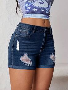 SHEIN ICON Women's Summer Fashion Distressed Washed Slant Pocket Skinny Denim Shorts - Dark Wash - View 4