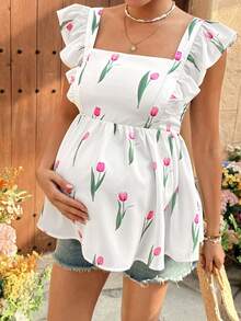 SHEIN Áo bầu cổ vuông tay ngắn in hoa - trắng - Xem 6