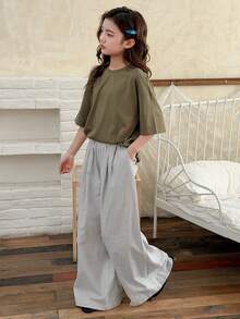 DAZY Tween Girl Solid Color Round Neck Drop Shoulder T-Shirt And Striped Pants Pajama Set - Army Green - View 5