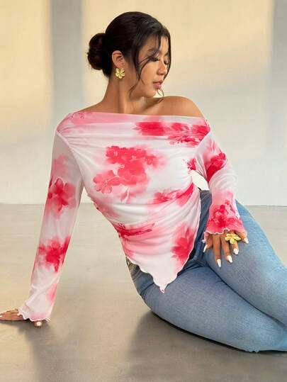 Firerie Plus Size Women's Elegant Romantic Tie Dye Print Long Sleeve Asymmetrical Hem T-Shirt