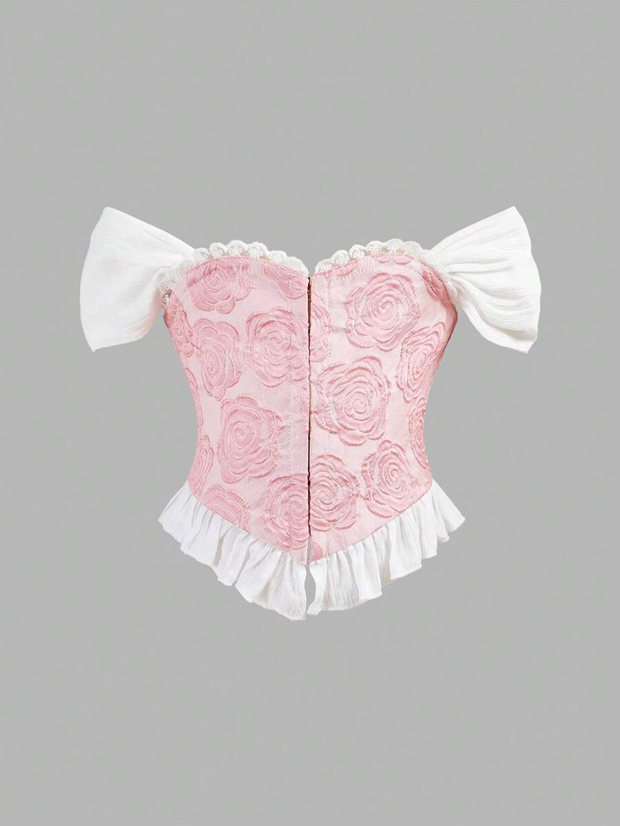 SHEIN Young Girl Elegant Jacquard Off-Shoulder Ruffle Corset Structure Hem Blouse, Spring/Summer - Baby Pink - View 1