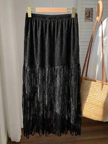 SHEIN EZwear 女士松紧腰蕾丝荷叶边下摆时尚长裙 - 黑色 - 查看 2