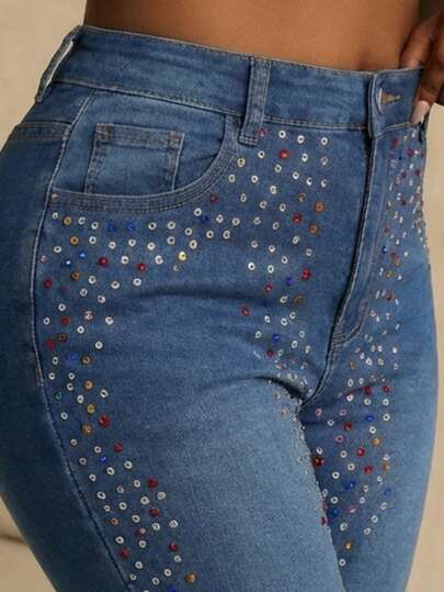 Slaydiva Summer Plus Size Women High Waist Colored Rhinestone Pocket Skinny Casual Jeans Party Casual Summer Vacation Outfits For Women Jeans