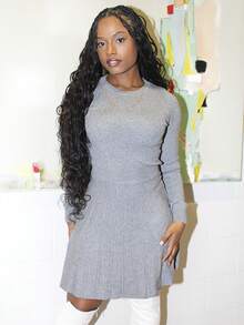 Steph T Casual Solid Color Waist Cinched Knit Dress, Autumn/Winter - Dark Grey - View 3