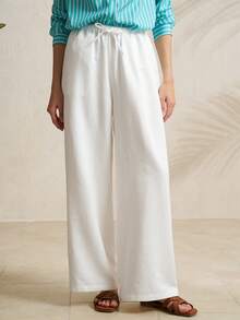 Airaco Pantalones casuales rectos de lino con cordón - Blanco - Ver 1