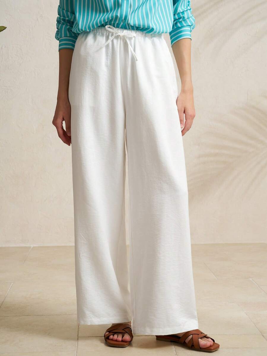 Airaco Pantalones casuales rectos de lino con cordón - Blanco - Ver 1