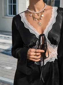 Cévolie Women's Spring/Autumn New French Elegant Deep V Lace Trim Patchwork Butterfly Tie Long Sleeve Mini Flare Dress - Black - View 4