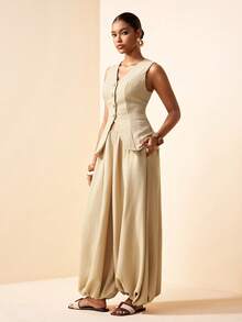 Zivah 2026 Spring/Summer New Arrival Wedding Season Music Festival Easter Western Boho Nashville Party Wedding Cocktail Date Casual Vacation Cruise Beach 2pcs Set: Button Front Vest + Ruched Exaggerated Lantern Leg Pants, Bamboo Texture Fabric, Khaki - Khaki - View 3