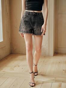 Anewsta Summer Casual Leopard Print Rhinestone Frayed Hem Denim Shorts - Grey - View 4