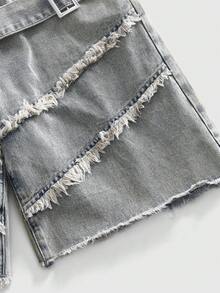 ROMWE MEN 男士做旧水洗宽松牛仔短裤 - 杏色 - 查看 4