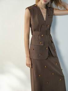 Maija 女士V领贴花腰带V领时尚无袖薄款西装外套 - 棕色 - 查看 4