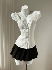 Elamini Women's Minimalist Sweet Fresh Ruffled One-Shoulder Puff Sleeve Blouse, Spring/Summer - White - View 4