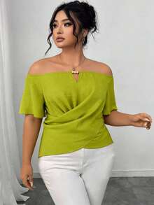 INAWLY Plus Size Solid Color Cross Wrap Off-Shoulder Ruffle Hem Fitted Top - Green - View 6