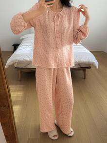 DAZY 甜美碎花领结女士睡衣套装 - 粉色 - 查看 6