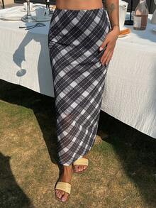 DAZY Women's Casual Plaid Long Skirt, Summer - Dark Grey - View 6