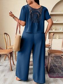 EMERY ROSE Plus Size Summer Solid Color Front Tie Backless Top And Pants 2 Pieces Set Women Vacation Outfit Sets Pant Suit Summer Sets - Teal Blue - View 2