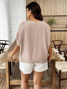 SHEIN LUNE 大码女式圆领褶皱袖宽松休闲衬衫，春夏款 - 卡其色 - 查看 2