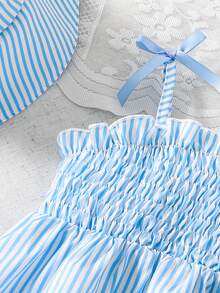 Souflis Souflis 两件套女婴柠檬印花吊带连衣裙配帽子套装，休闲舒适又可爱，适合日常穿着、度假和玩耍 - 藍色 - 查看 7