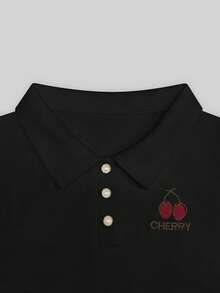 Resyla Women's Casual Collared Button Half Placket Cherry Embroidery Pattern Versatile Daily Wear Top - Black - View 3