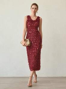 MOTF PREMIUM SEQUIN & FUZZY SLEEVELESS LONG DRESS
